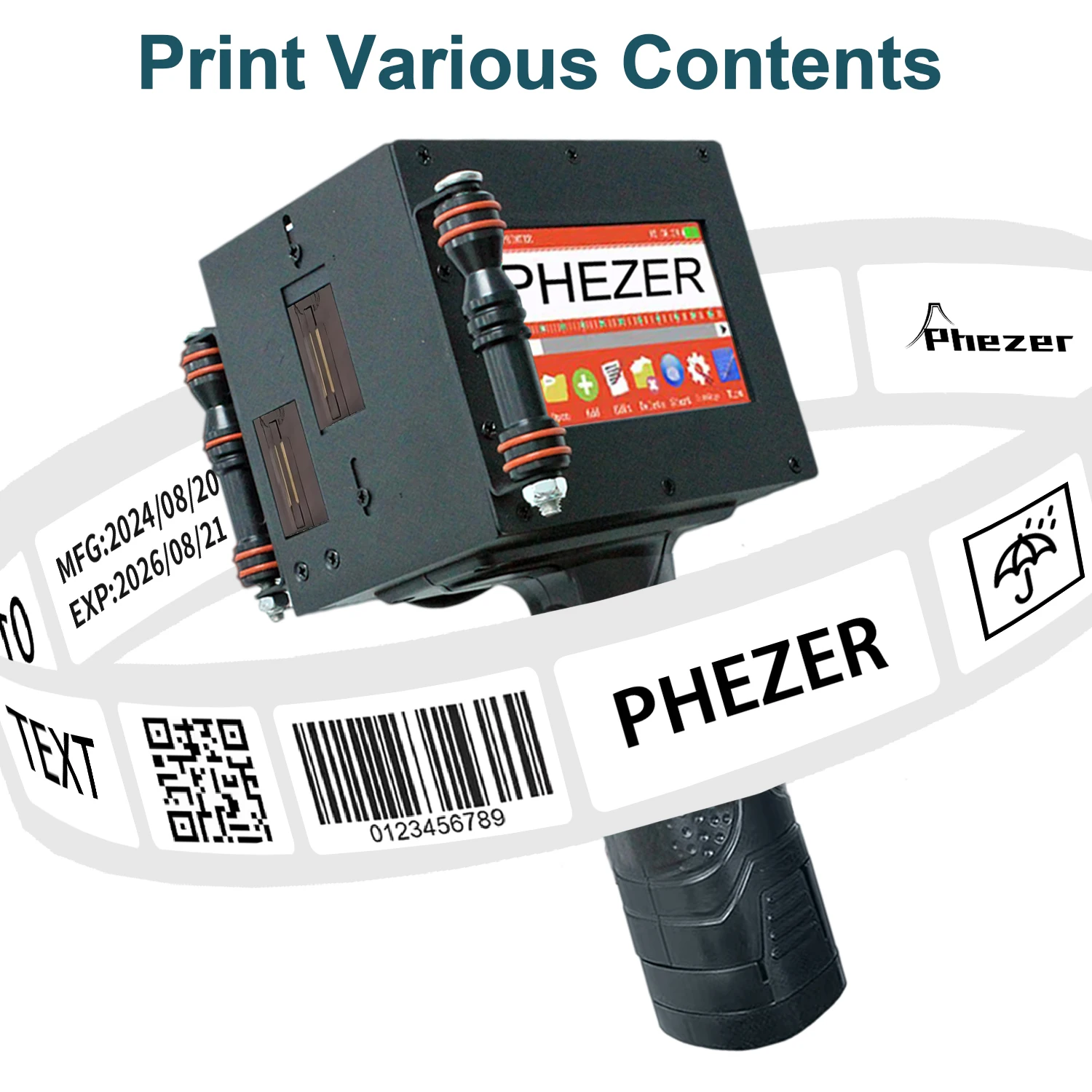 Phezer 50mm New Large Coding Machine Handheld Inkjet Printer 28 Languages QR Barcode Batch Number Expiry Date Logo Label Printer