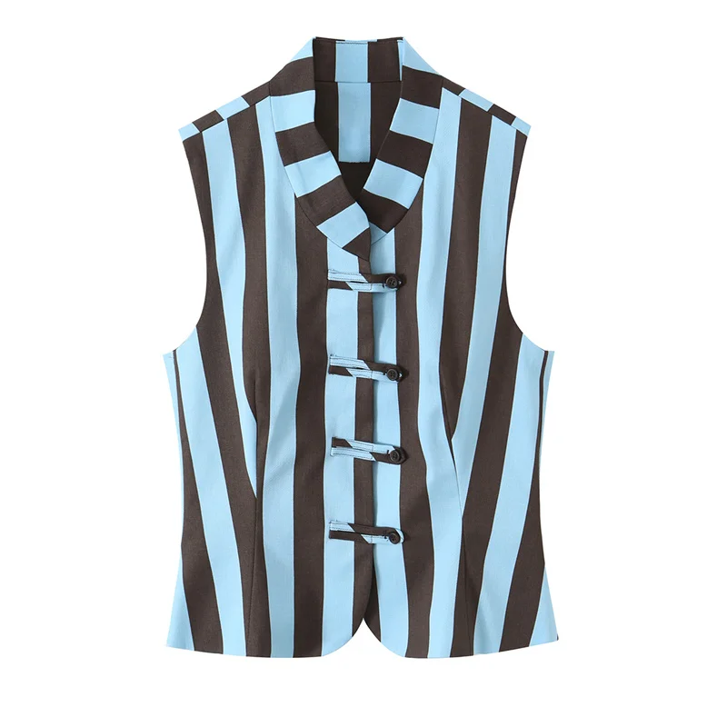 Guobioziy Women's Vest 2026 Summer New Style Blue and Black Striped Sleeveless Button-Detail Vest Jacket Trendy and Stylish
