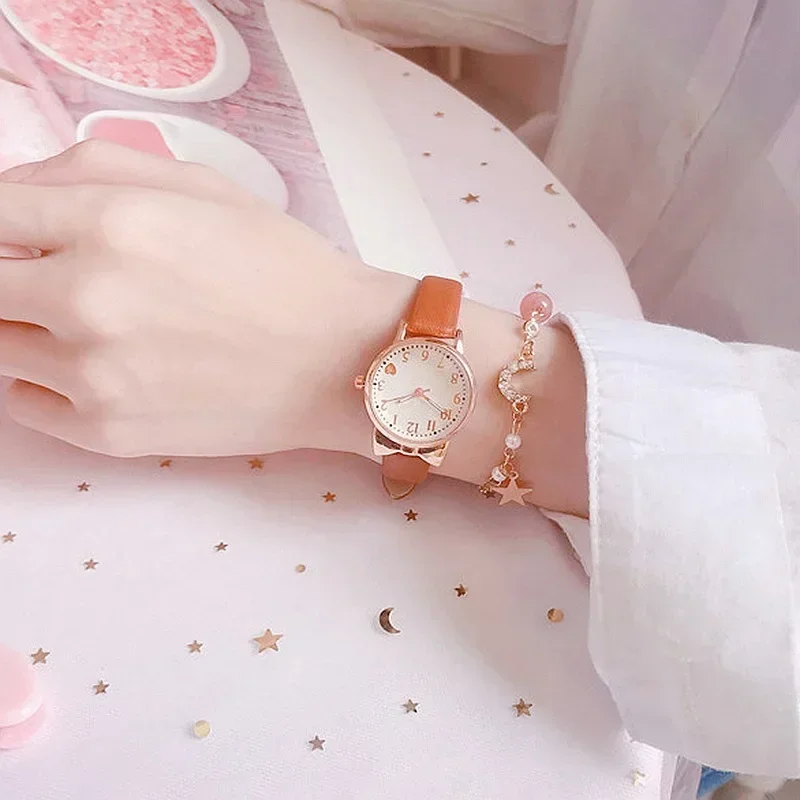 2024 Fashion Kids Love Digital Dial Children Watch Set Leather Strap Quartz Watches Kid Girls Clock Children Watch + Bracelet