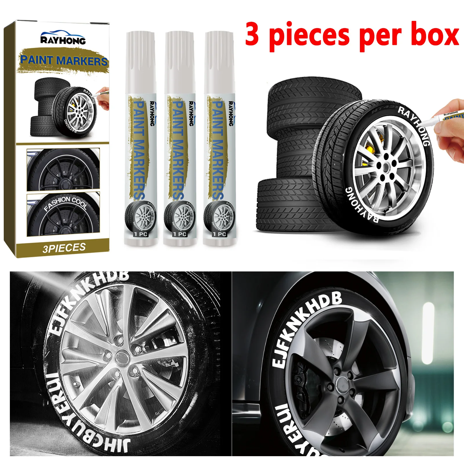 3pcs White Waterproof Tire Marker Pen Quick-Dry Car Wheel Tire Permanent Oily Painting Mark Pen for DIY Graffiti Lettering