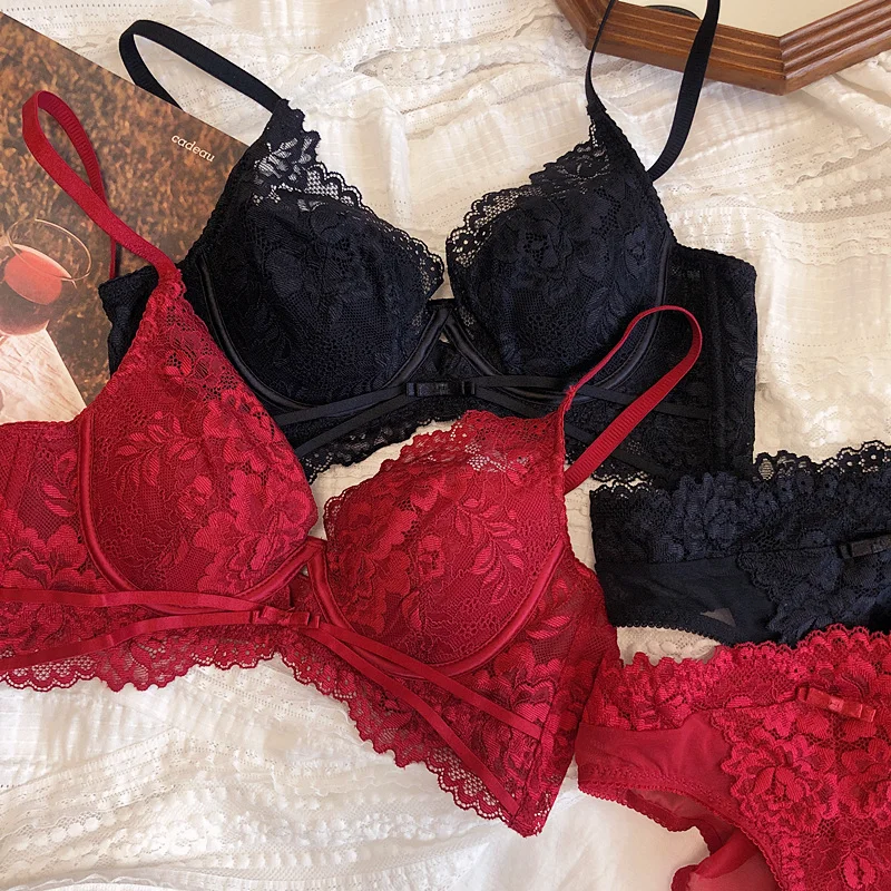 Conjunto de sutiã push up oco para mulheres, cueca fina, bordado de renda francesa, bralette confortável, conjuntos de lingerie sexy verão