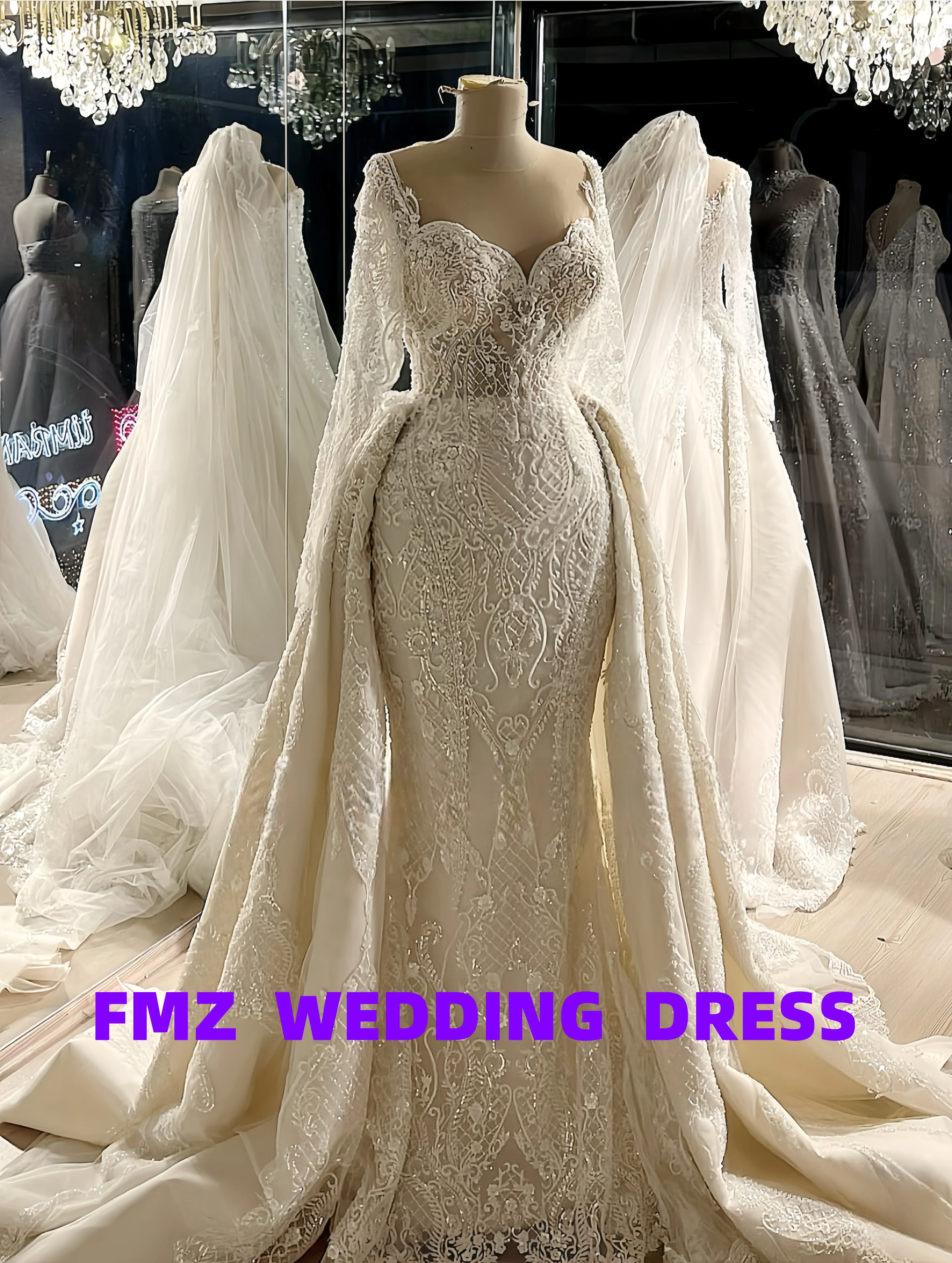 فستان زفاف مخصص بياقة حلوة وأكمام طويلة حورية البحر قابل للانفصال بذيل فيستدوس دي نوفيا فستان زفاف فيستدوس بارا موخير رداء دي ماري