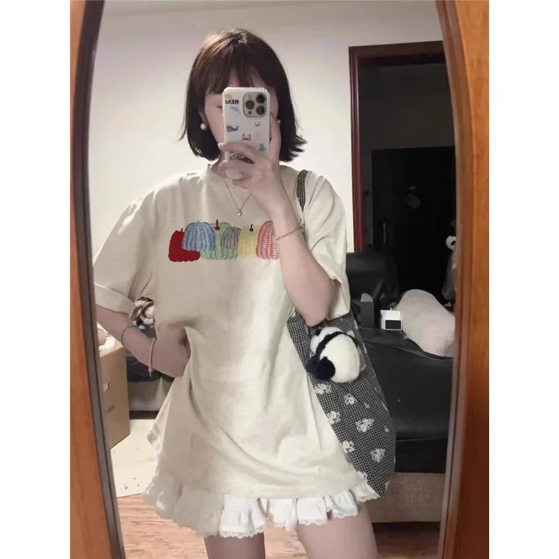 القطن الخالص المرأة قصيرة الأكمام تي شيرت الأمريكية خمر المحملة Y2k ملابس امرأة عصرية الصيف فضفاضة تناسب تنوعا القمم