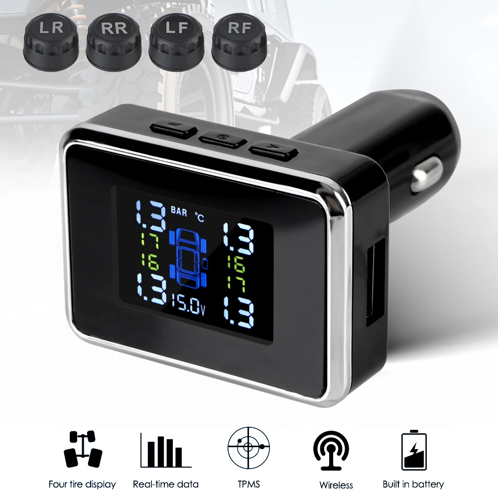 12V Cigar Lighter Adapter TPMS Car Tire Pressure Monitoring System With Digital Voltmeter USB Charger 3.0 Port 4pcs TPMS Sensors