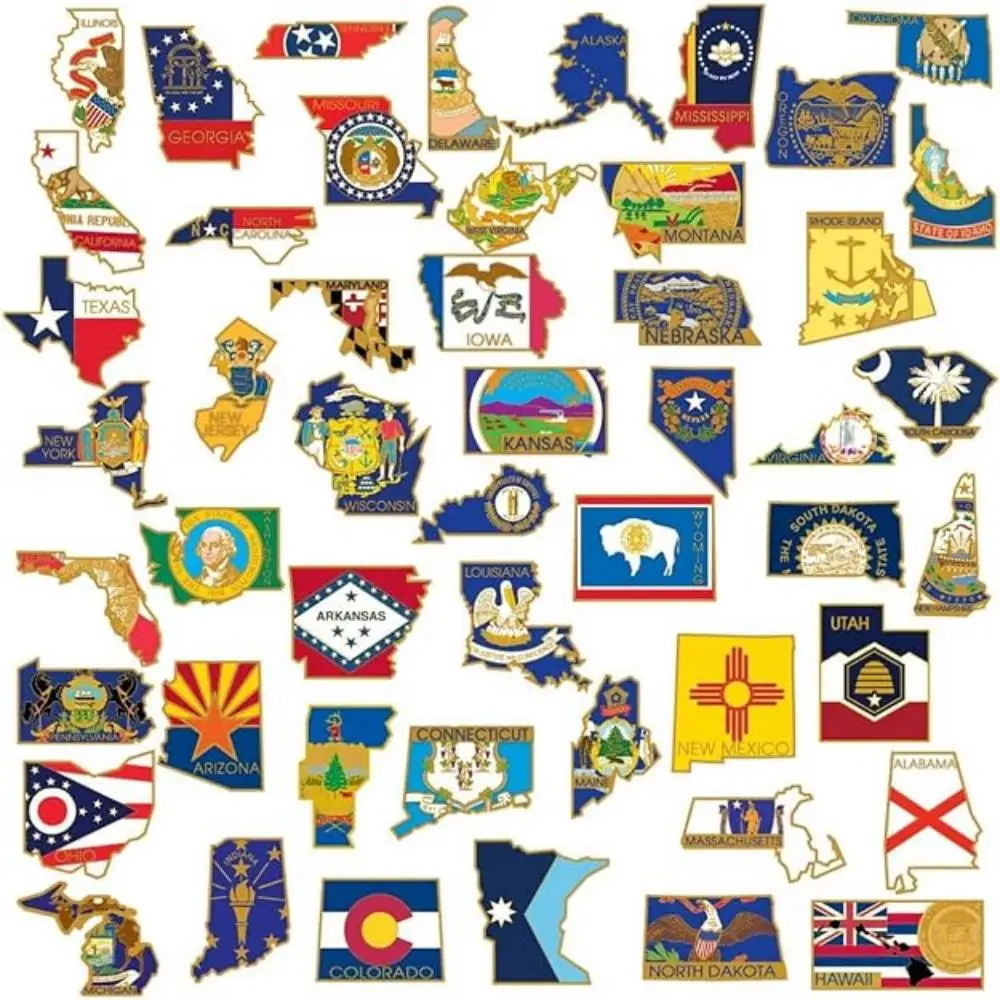 

50Pcs/Set States Flag Enamel Brooches HAWAII NEW YORK GEORGIA COLORADO UTAH Washington Map Shaped Pins American Badge