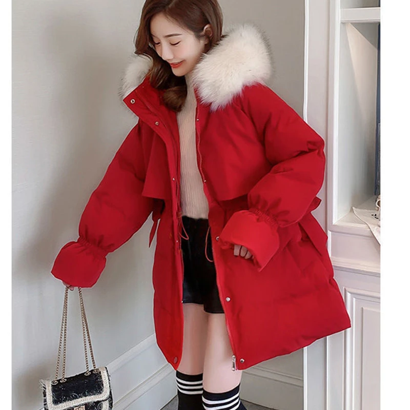 

Autumn Winter Warm Parkas for Women Korean Lady Sweet Bowknot Fur Hooded Long Down Jacket 2023 New Year Lucky Red Outerwear