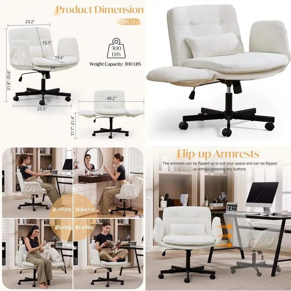 

Широкое офисное кресло с поворотным механизмом, откидными подлокотниками, регулировкой высоты, колесиками и подушкой, белое