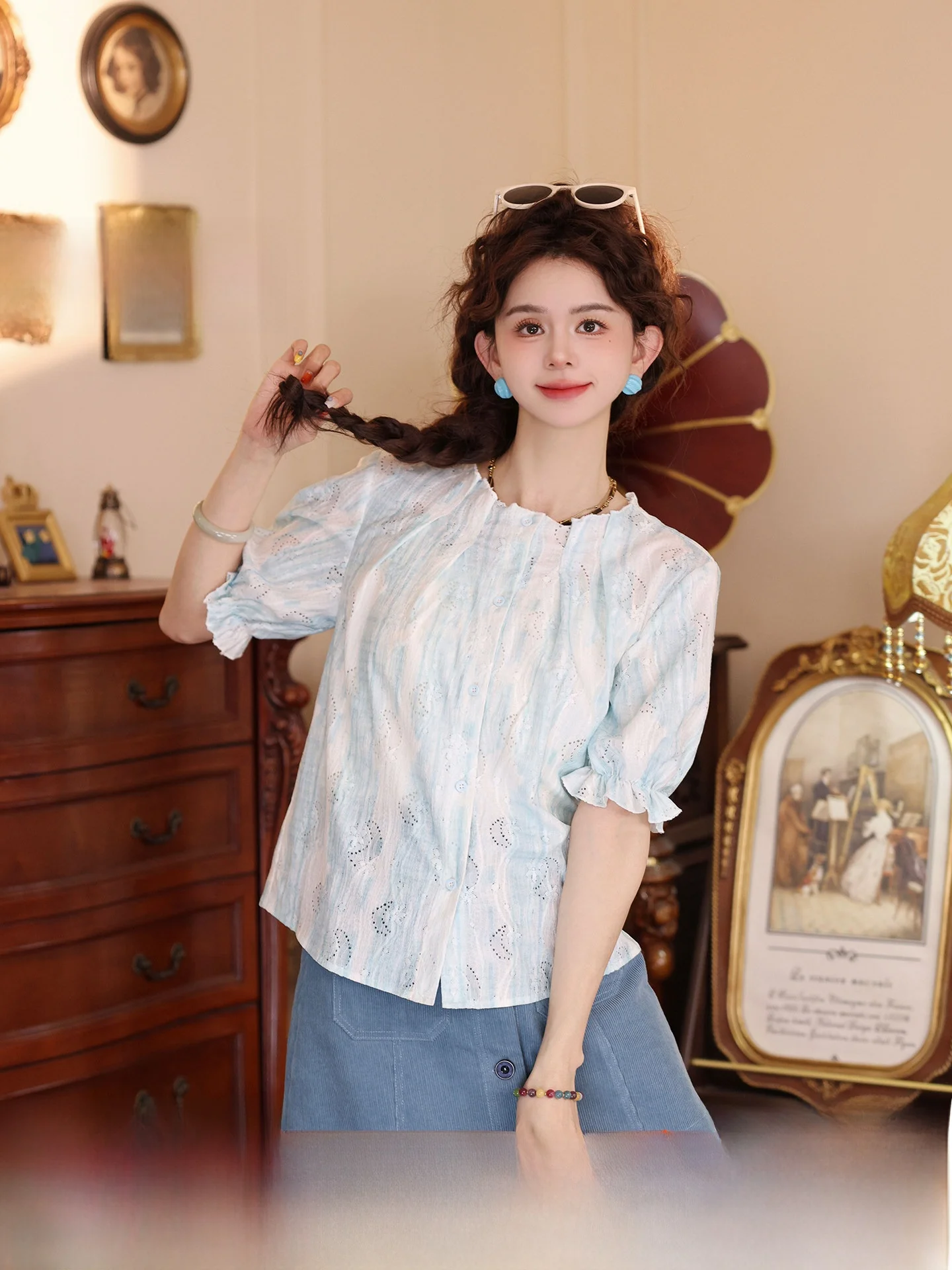 

Tianqing Porcelain Blue Short Sleeve Shirt Women's Casual Summer Top Chen Jiajie Vintage Style Loose Fit Cotton Polyester Blend