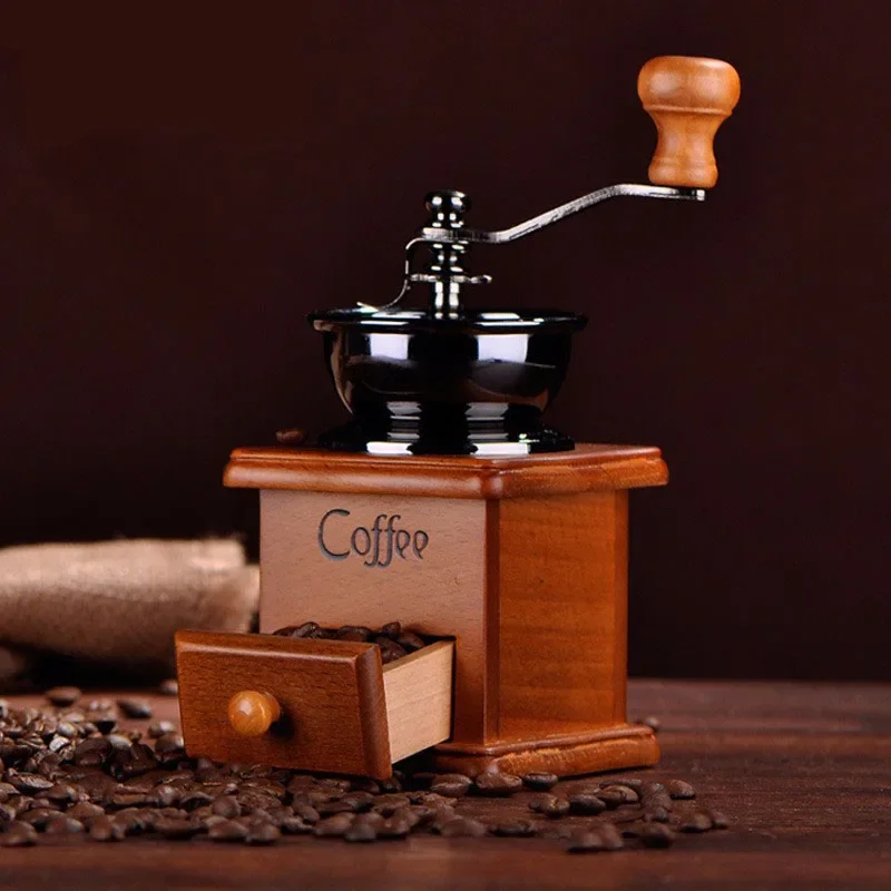 

Retro Mini Burr Coffee Grinder Handmade Wooden Metal Design - Manual Coffee Mill for Cafetera - Conical Bean Grinding