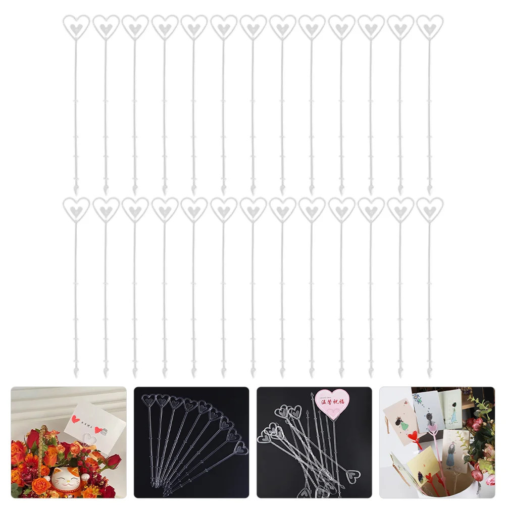 100 Pcs Transparent Plastic Heart-shaped Flower Card Holder Set Floral Picks Stick Gift Bouquet Giftcard Memorandum Clear