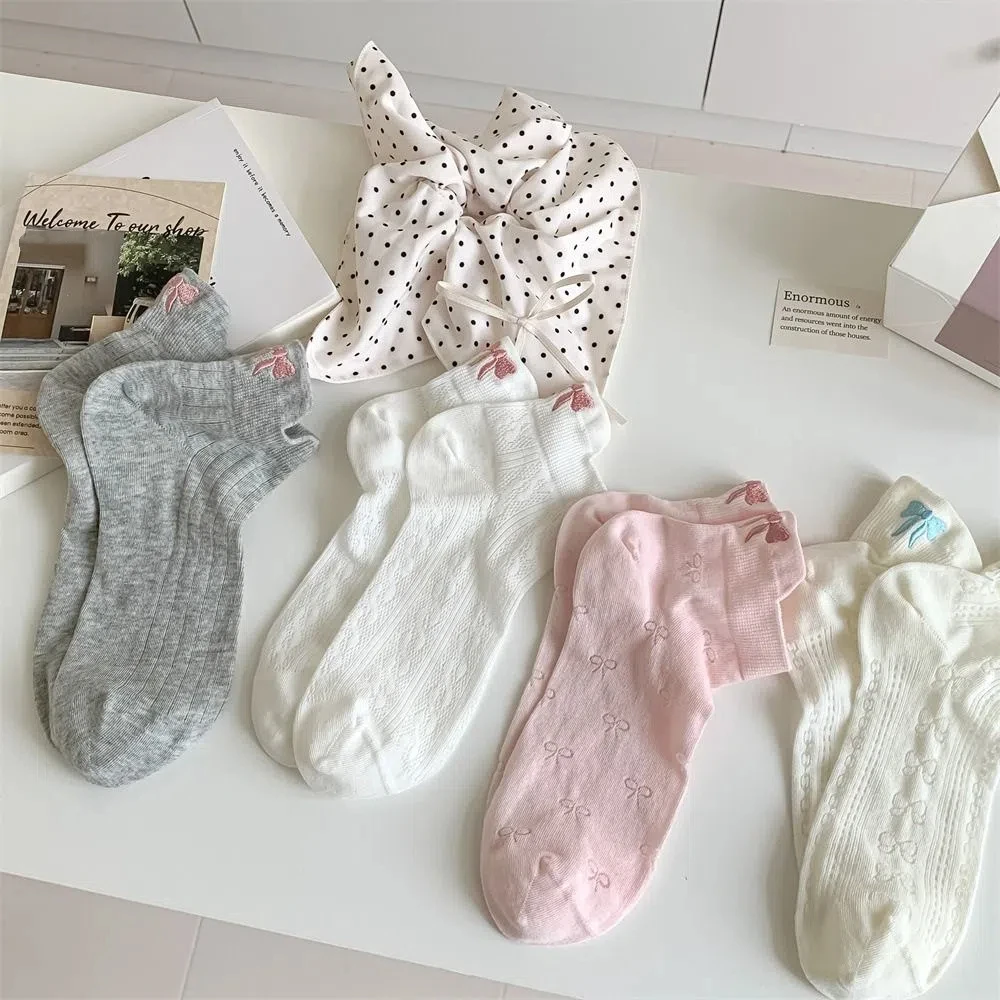 

6Pairs Soft Mesh Embroidery Bow Socks Sweet Lolita JK Ballet Tube Socks Female Hosiery Ins Style Socks Women Streetwear