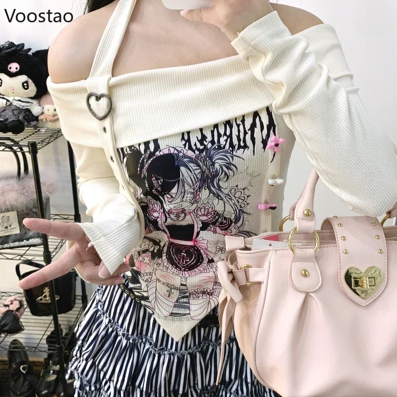 Y2k Aesthetic Japanese Anime Print Slash Neck Slim T-shirts Women Vintage Halter Off Shoulder Tshirts Grunge Gothic Tees Tops