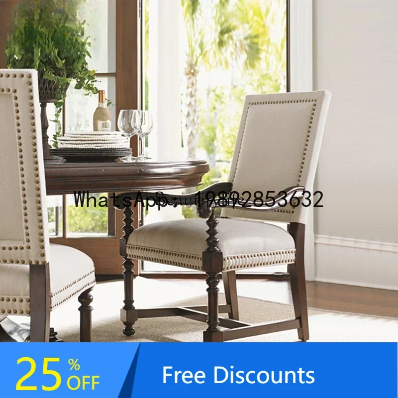 Retro Solid Wood Cotton Linen Fabric Dining Chair Villa with Armrest Eating Chair