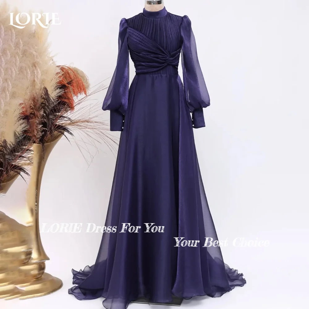 LORIE Long Sleeve A-line Musilim Evening Dresses Puff Sleeve Pleats Saudi Prom Dress Arabia Dubai Party Gown Customized No Glove