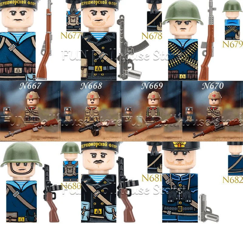 MOC WW2 Militär Armee Sowjetischer Soldat Figur Baustein Marine-Kommandant Infanterie-Offizier Krieger Helm Gewehr Bausteine Jungen Spielzeug Geschenk