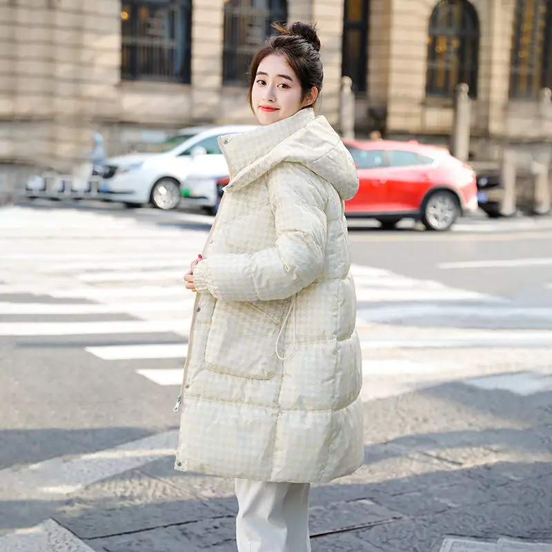 Winter Women Fashion Houndstooth Cotton-Padded Coat Female Mid-Length Loose Thick Outwear Big Pockets Casual Hooded Warm Parkas