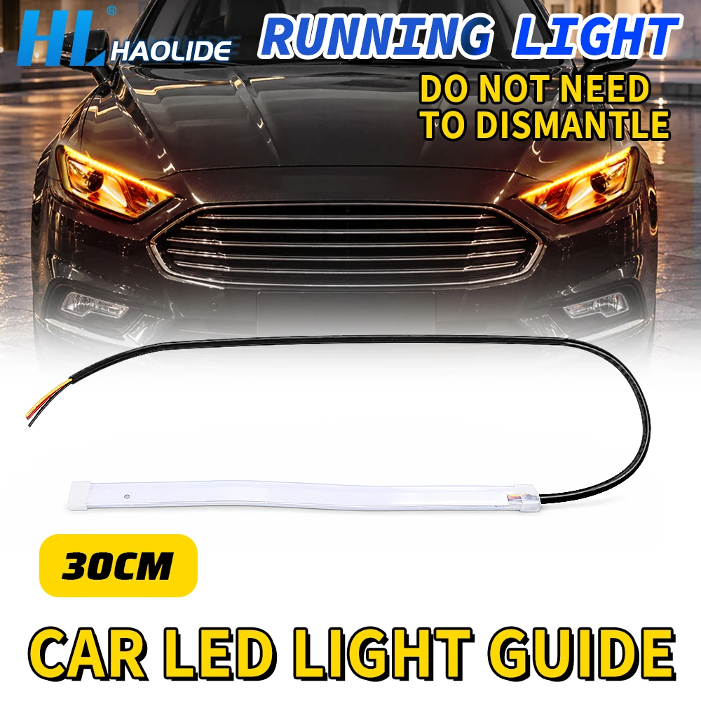 HL 2pcs LED DRL Car Daytime Running Light Flexible Waterproof Strip Auto Headlights White Turn Signal Yellow Brake Flow Lights