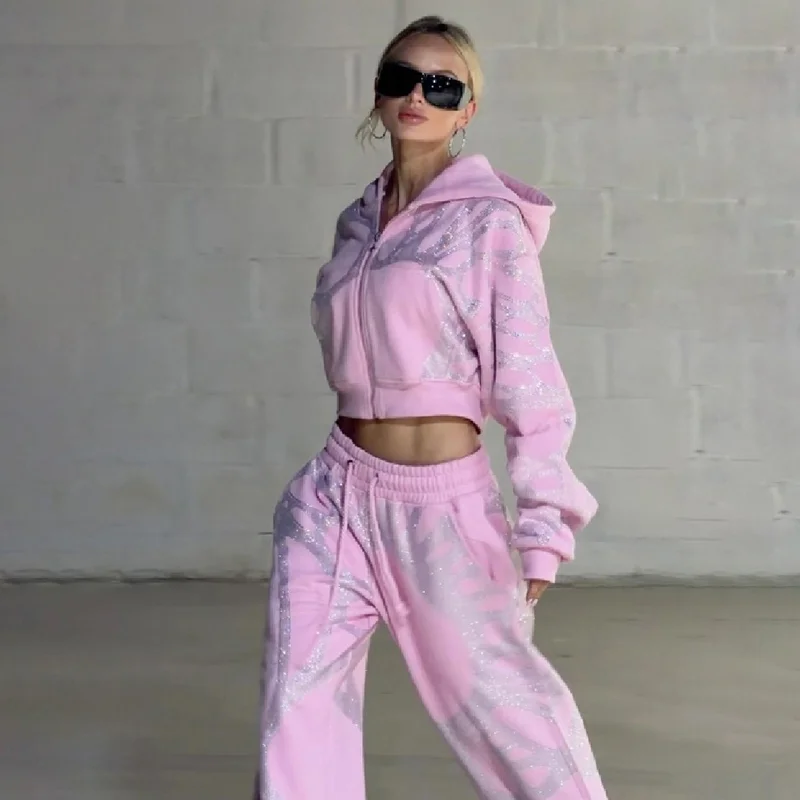 Hooded Sweatshirt 2 Piece Set Sequins Print Cropped Coat Loose Wide Leg Trousers 2026 New Autumn High Street Sporty Pants Suit
