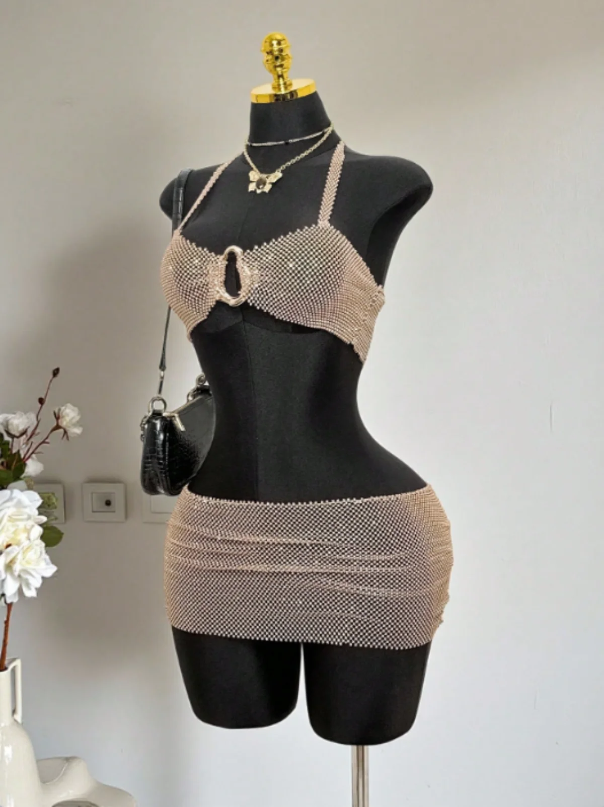 AKYZO European And American Women's Fashion Metal Buckle Fishing Net Women's Suit Sexy Spicy Girl Nightclub Dress