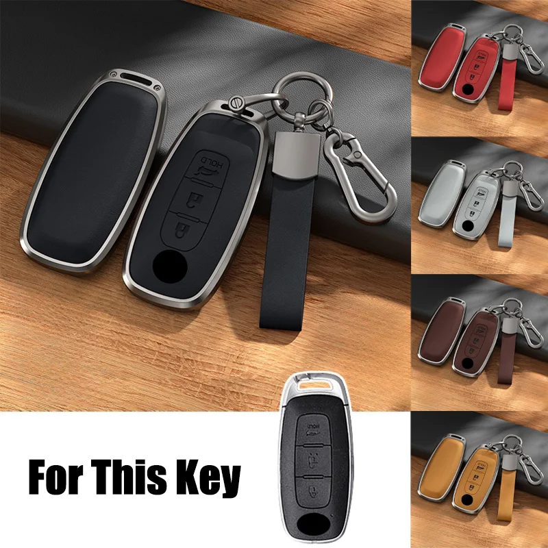 

Aluminum Alloy Leather Car Remote Smart Key Fob Case Cover Holder Bag With Keychain For Nissan Rogue Pathfinde Ariya