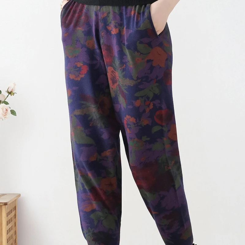 

2024 NEW Autumn Winter High Waist Knit Pants Women Elastic Waist Printed Trousers Loose Casual Skinny Stretchy Slim Harem Pants