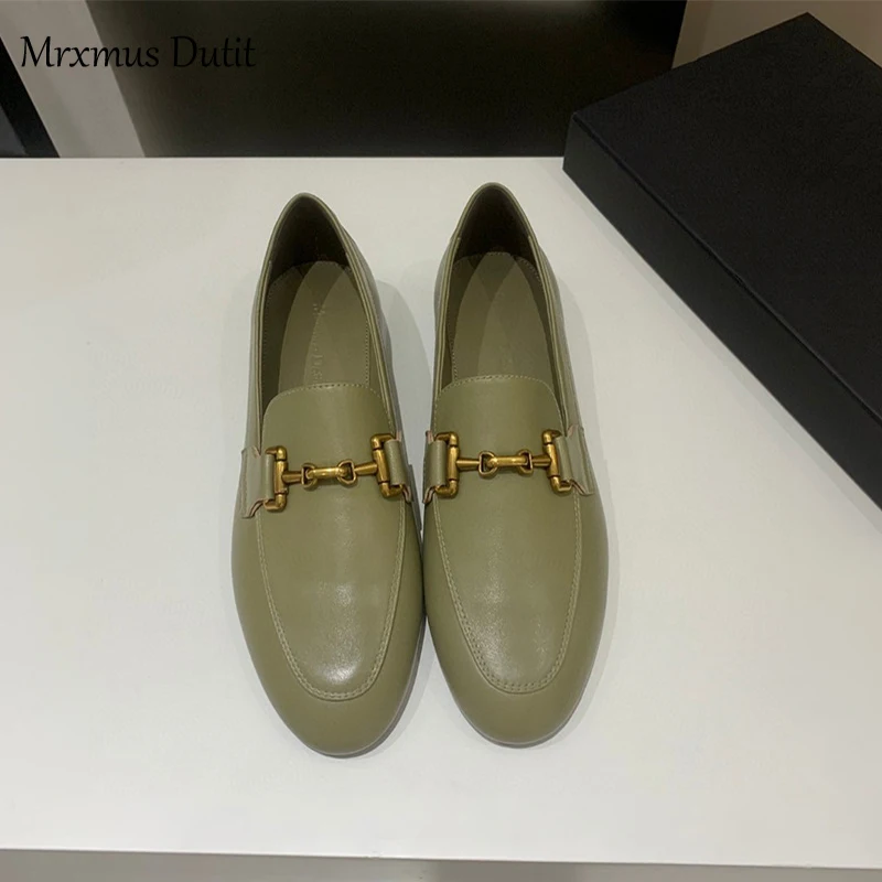 Mrxmus Dutit 2024 Spring Fashion Women New Genuine Leather Flats Shoes Metal Buckle Decoration Casual Simple Loafers Female Chic