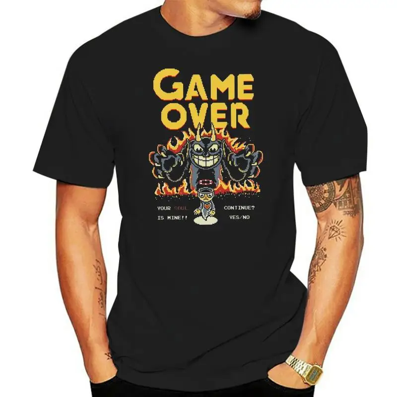 Printed camiseta Cuphead 8 Bit Game Over Deal With Devil Men's T-Shirt 100% cotton women tee shirt