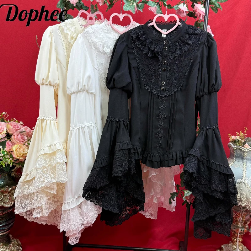 

Dophee оригинальные женские блузки в стиле Лолиты, элегантный воротник-стойка, кружевной пуловер с расклешенными рукавами, топ, готическая тонкая базовая рубашка, топы принцессы