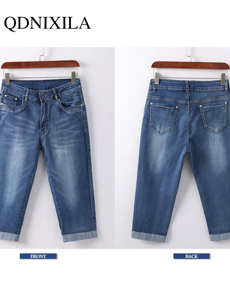 Woman\'s Jeans Black Denim Pants Ladies Cropped Trousers Skinny Knee Length Jeans Women Elastic High Waist Mom Jeans Oversize