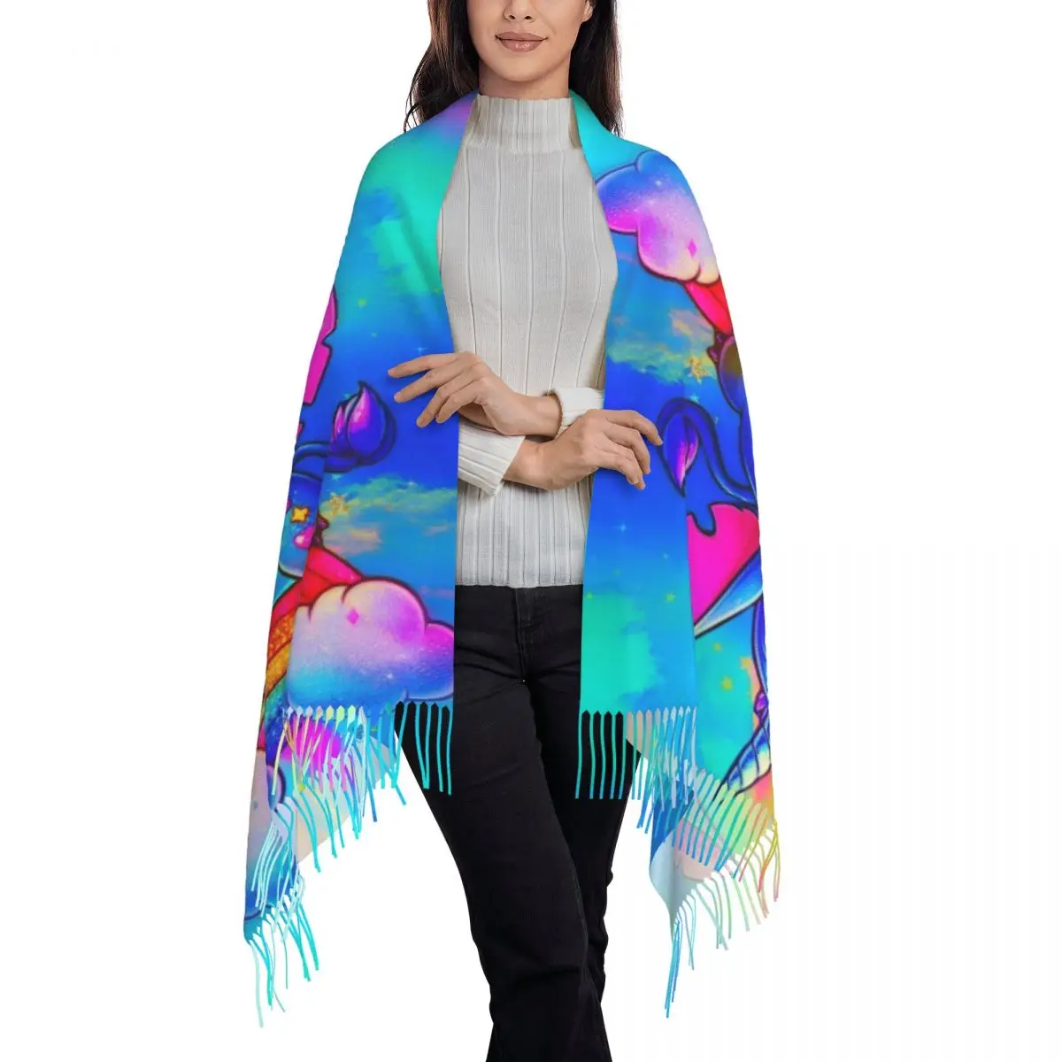 Stitch Cartoon HD Printed Scarf with Tassel Warm Shawl Wraps Ladies Custom Scarves Wraps Winter Luxury 2024 Foulard