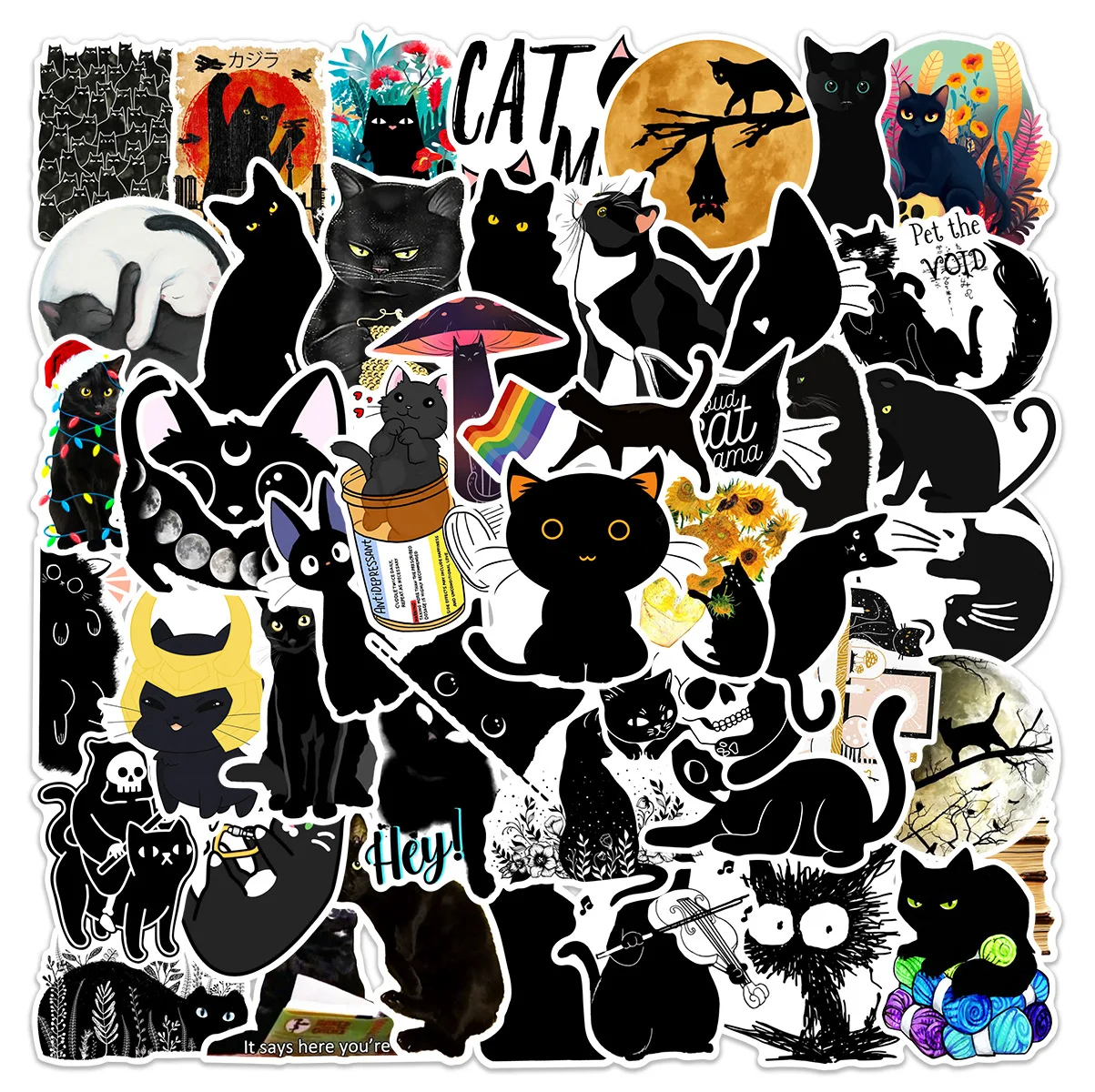 

50Pcs Cartoon Black Cat Daily Stickers Cartoon Cute Hand drawn Animal Creative Water Cup Phone Sticker