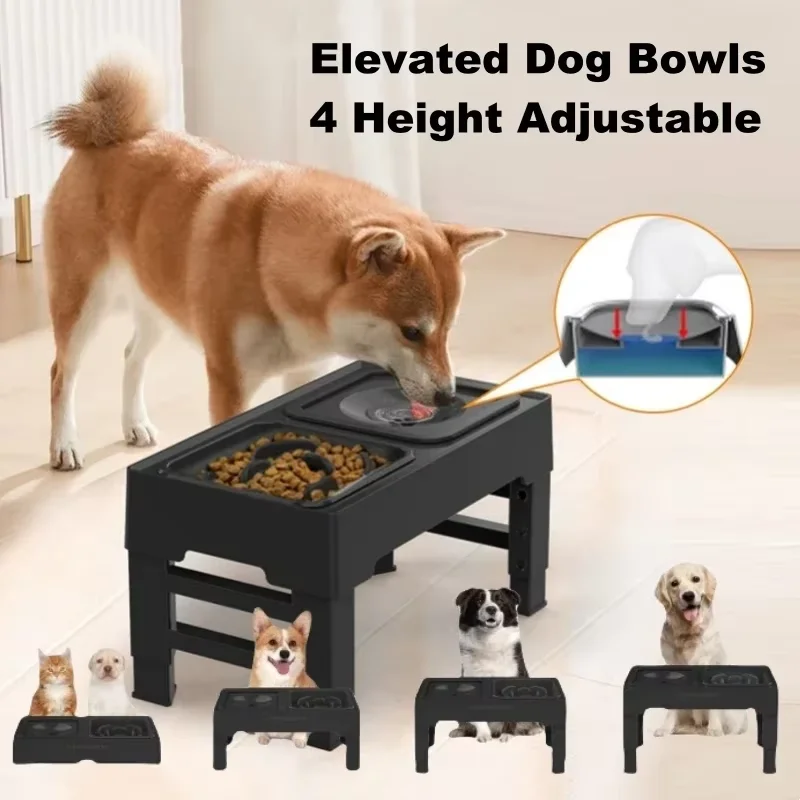

Elevated Dog Bowls 4Height Adjustable Raised Dog Bowl Stand with No-Spill Water Dish and Slow Feeder for Small Medium Large Dog