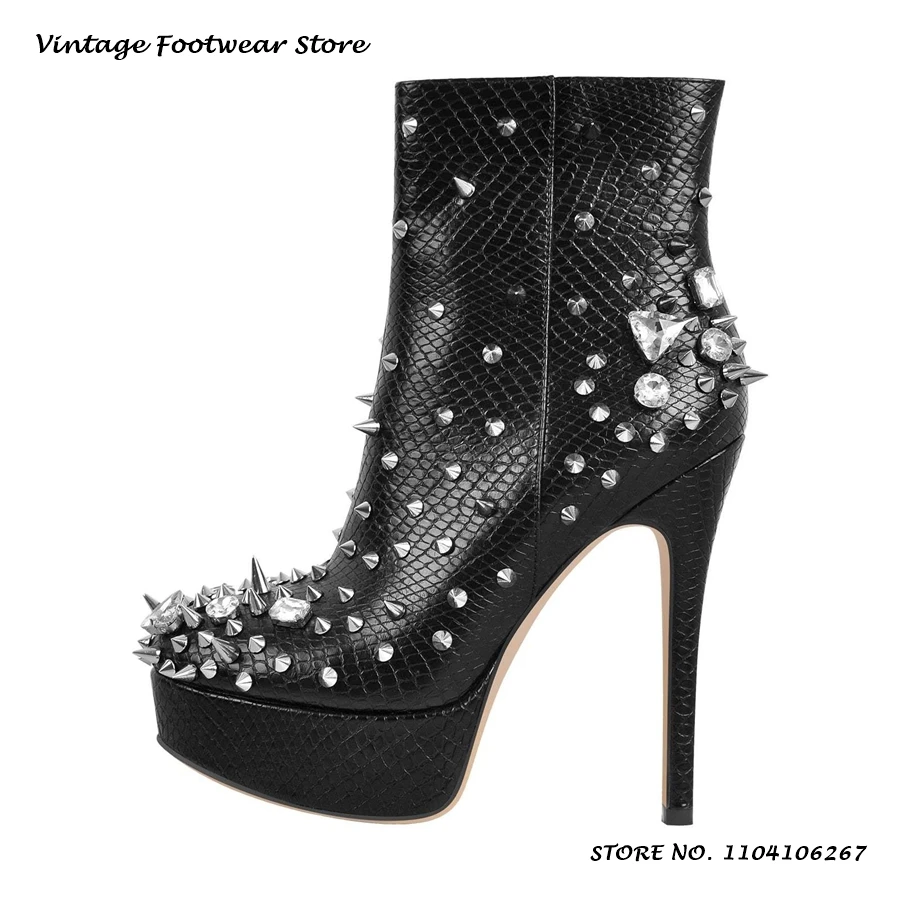 Crystal and Rivet Embellished Booties Round Toe Thin Heels Party Office Platform Shoes Summer Fashion Elegant Zipper Ankle Boots
