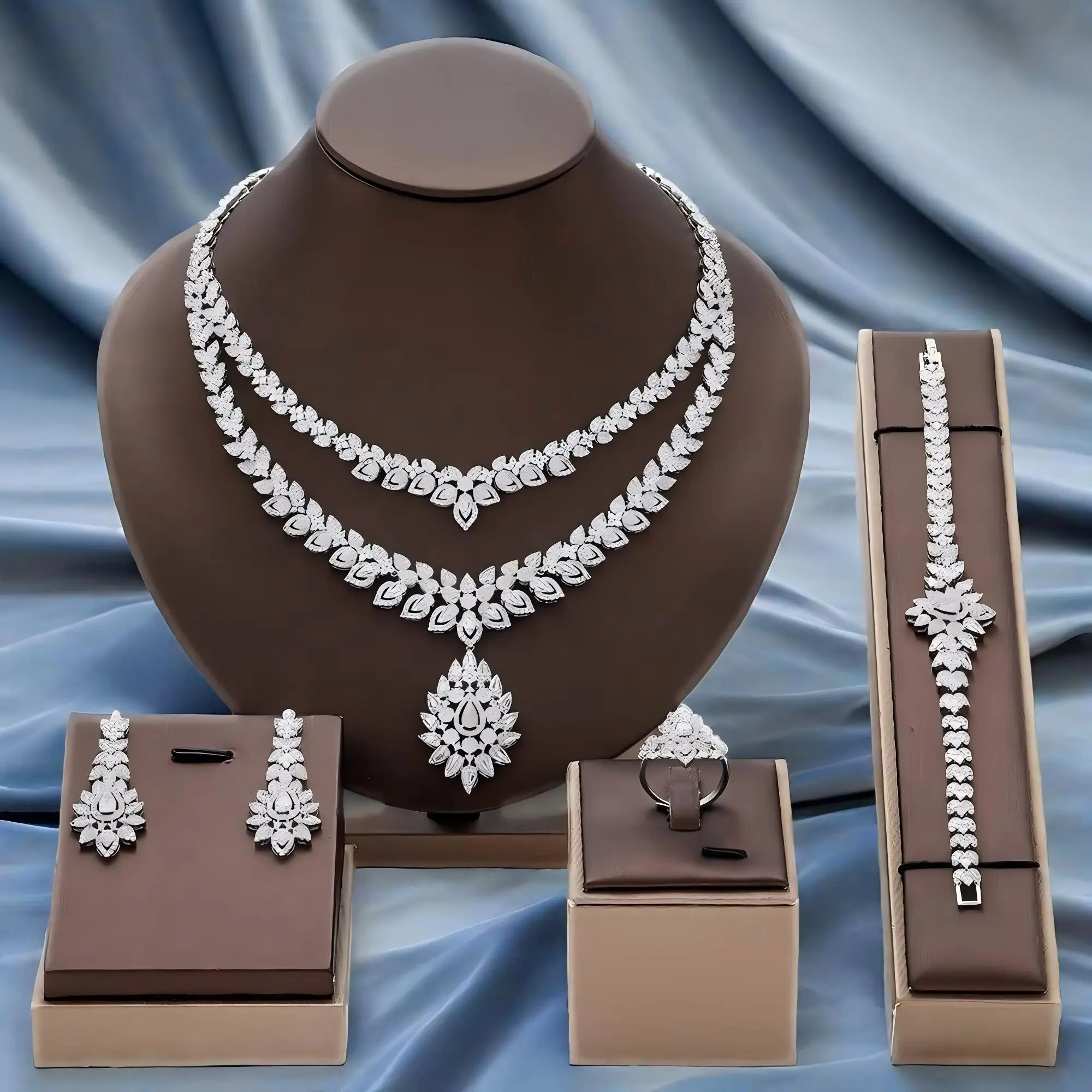 

4PCS Double Layers Necklace Jewelry Set Wedding Party AAA Zircon Dubai Women Jewelry Set Bridal Party Gift