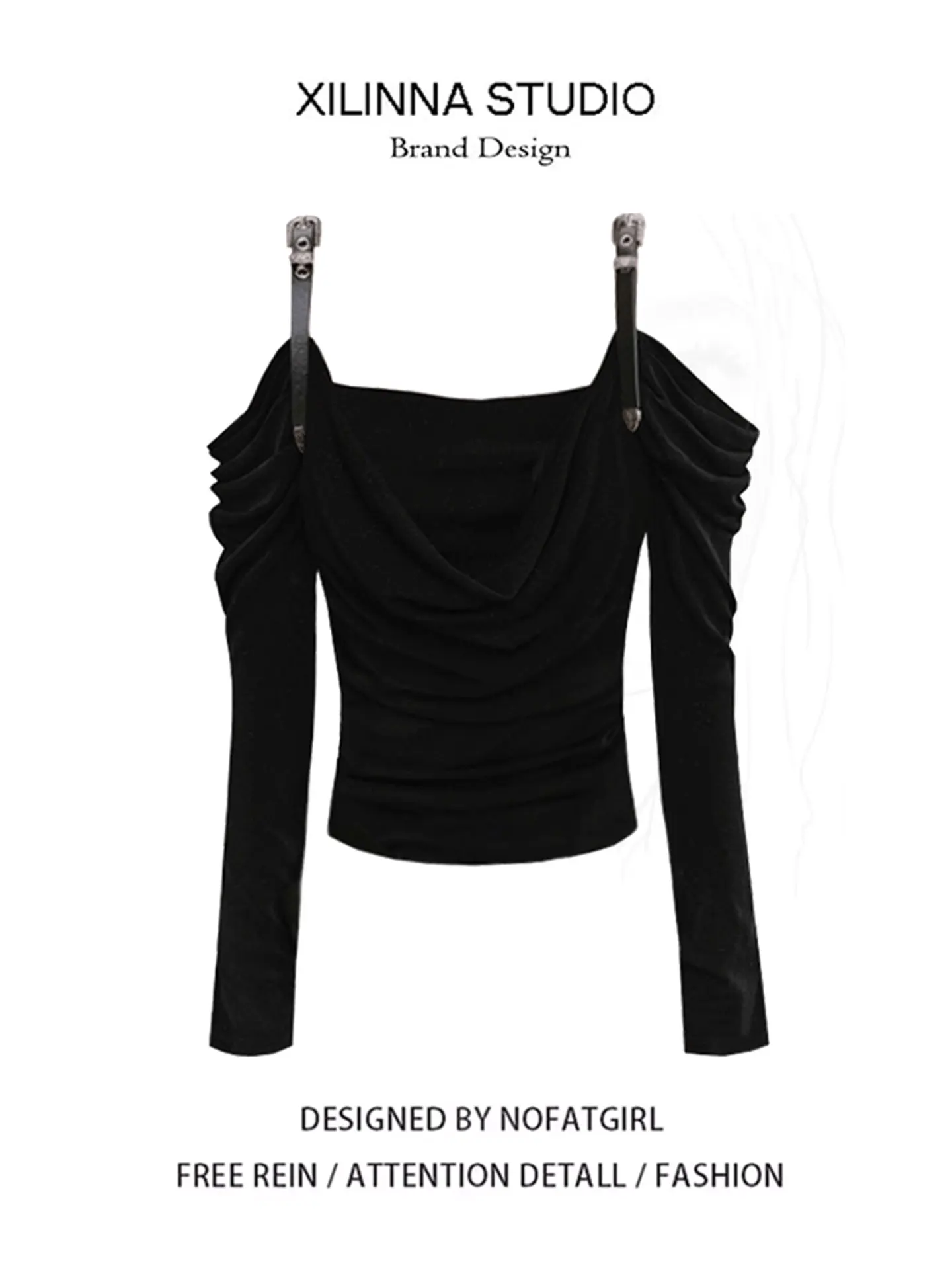 

Sexy American Retro Long Sleeve One Shoulder T-Shirt Women Early Autumn Wearing Folded Slim Fit Top Polyester Fiber Casual Wear