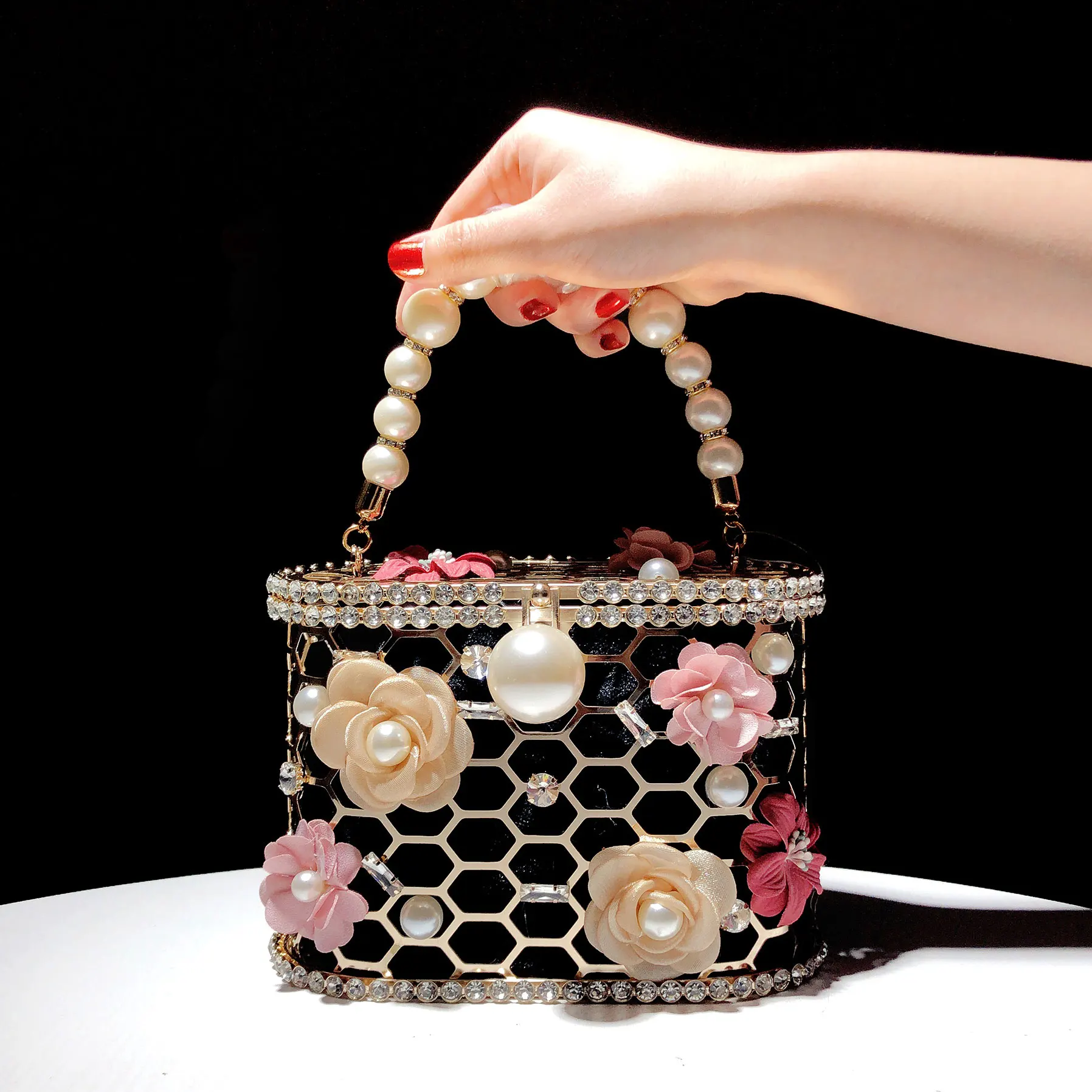 Honeycomb Metal Cage Women's Handbag Flower Pearl Beaded Evening Clutch Bag Luxury Rhinestone Diamond Bling Purse Shoulder Bag