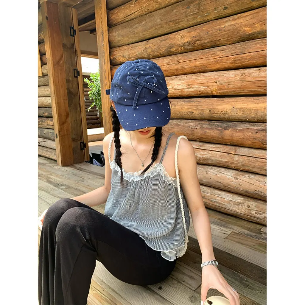

Korean Style Women's Spliced Ruffle Lace Striped Camisole Summer Outfit Vest Niche Design 520690