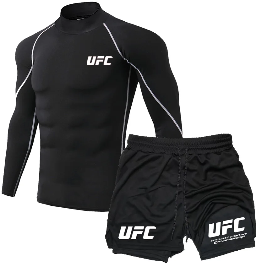 UFC Lightweight Breathable Fitness T-shirt Shorts Training High Collar Tight Long Sleeve Men's Running Sports Top Pants Set