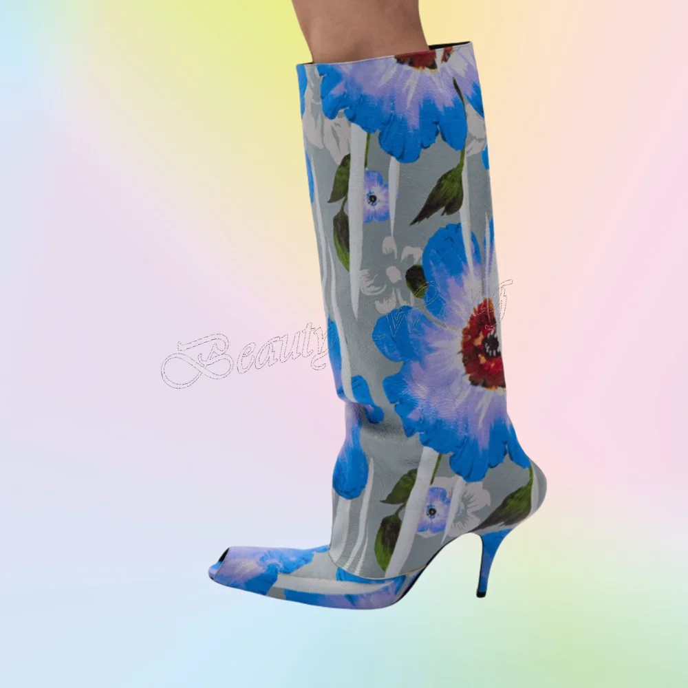 

Blue Peep Toe Flower Decor Boots Knee High Round Toe Shoes Thin High Heel Shoes for Women Shoes 2025 New Zapatos Para Mujere