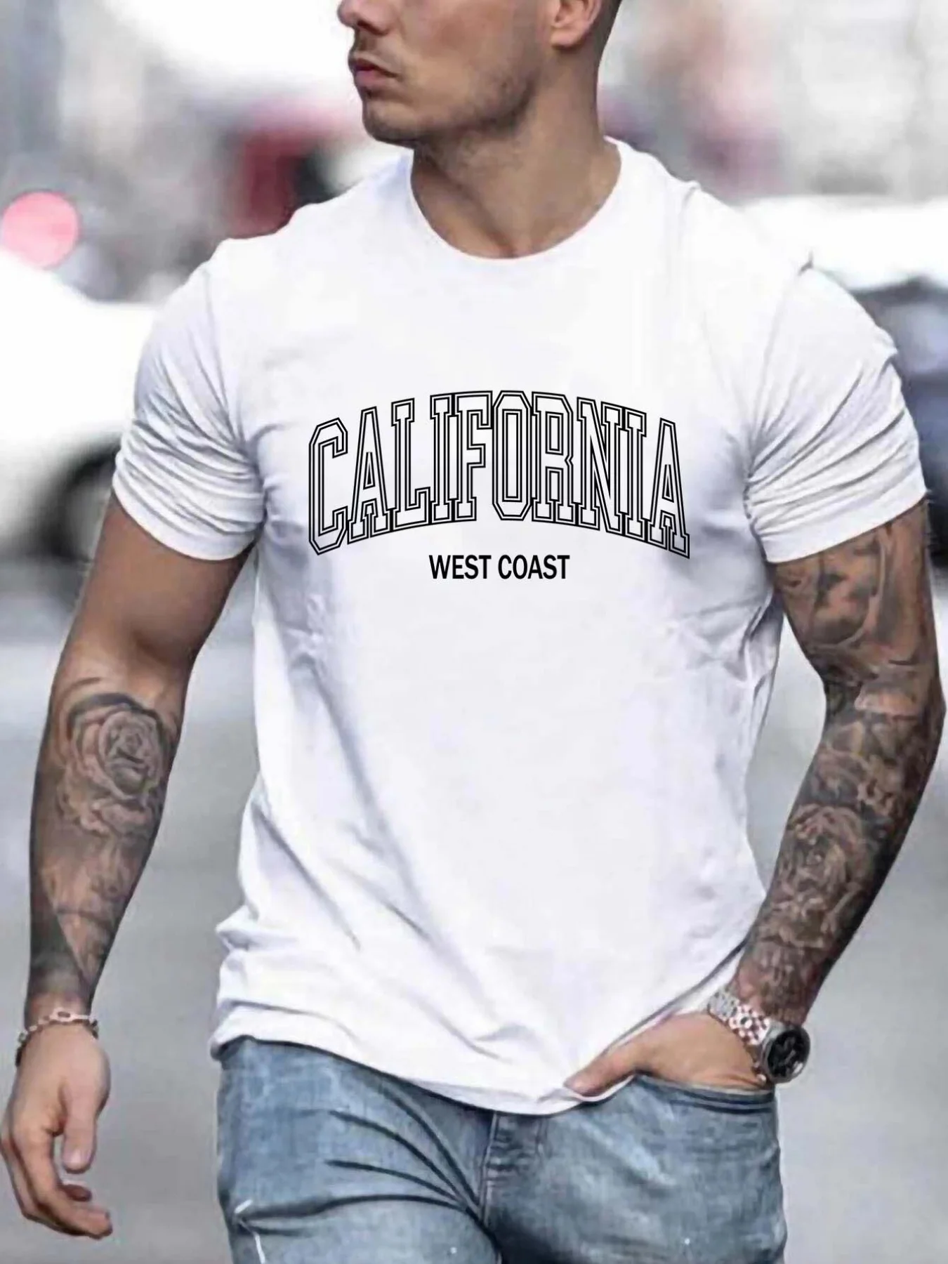 California West Coast, Breathability, เสื้อยืดคอกลมฤดูร้อน, เสื้อยืดแขนสั้นผู้ชาย, ชุดลําลอง, เสื้อผ้าผู้ชาย