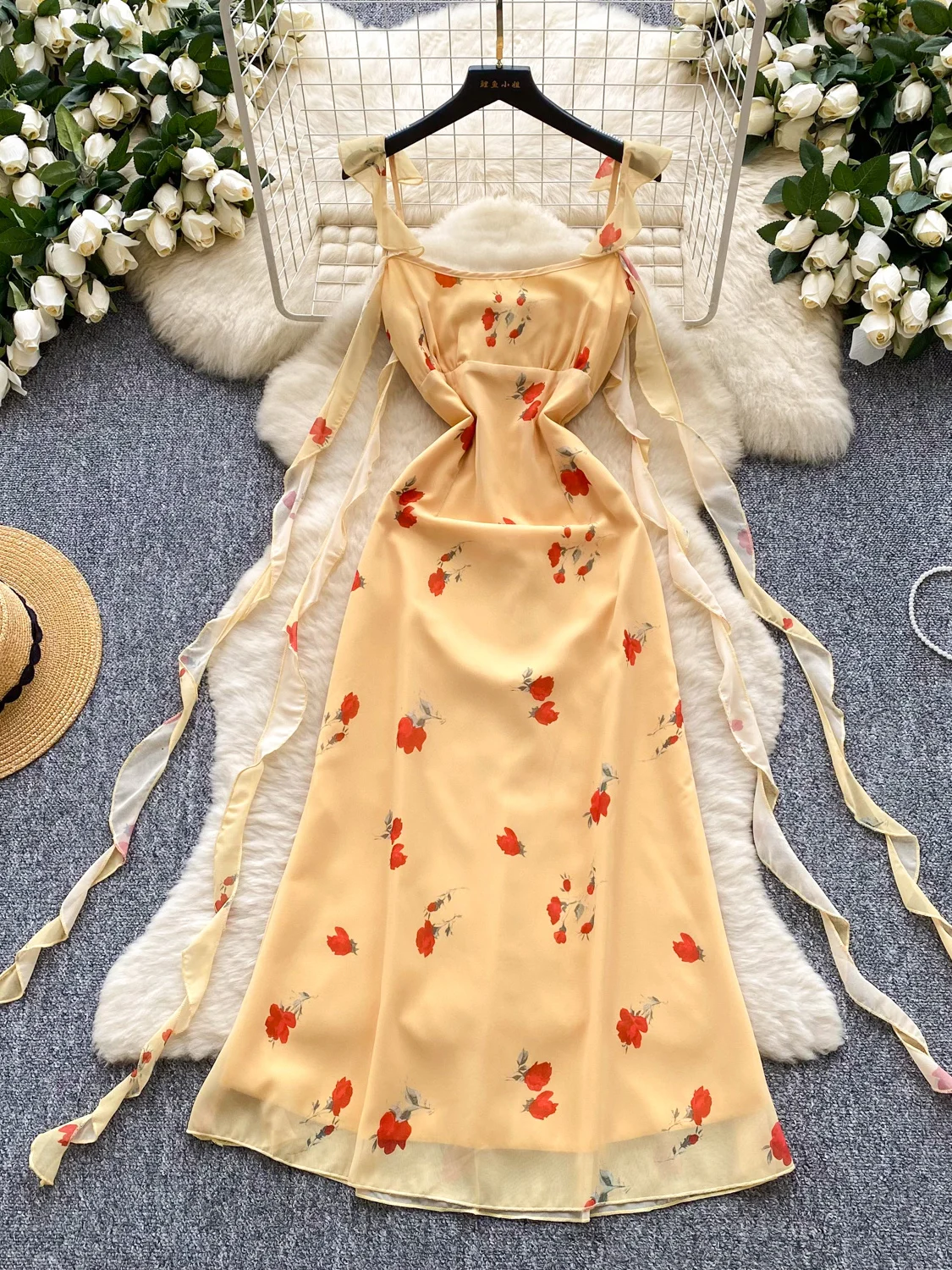 Vestido amarillo con estampado Floral y cuello ter para mujer, vestido Midi adeazante de corte en A, vestido de manga co...