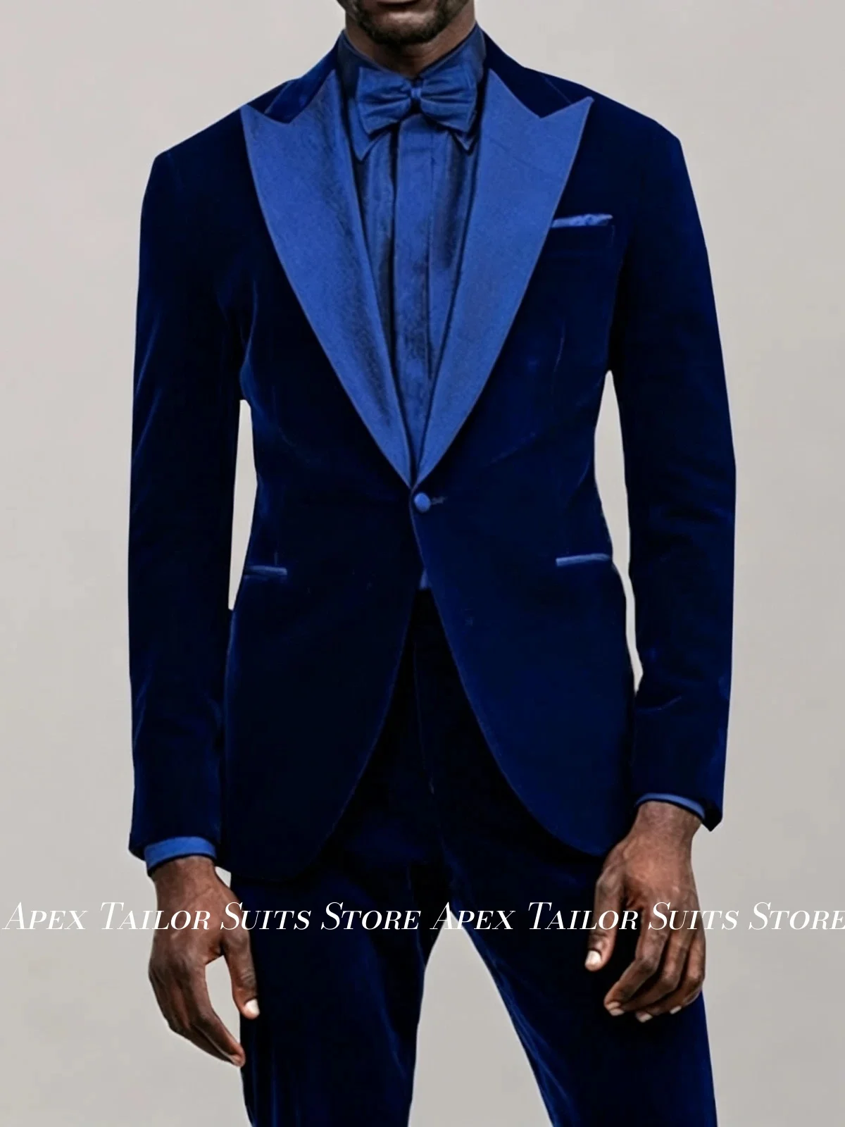 Blue Velvet Men 2 Piece Suit Set Satin Peak Lapel Tuxedo Blazer Matching Pants Formal Wedding Groom Party Banquet Outfit