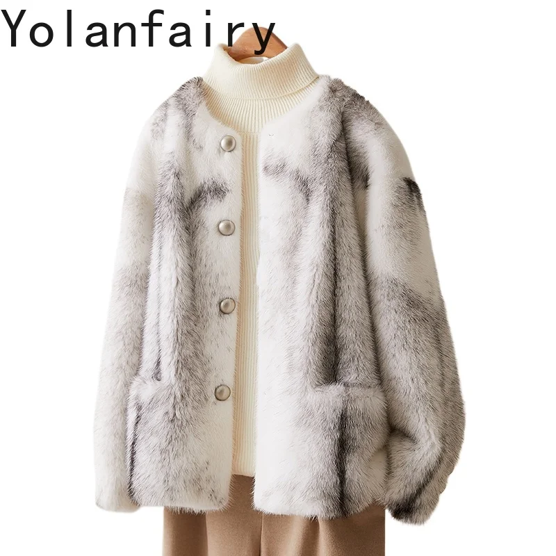 

YOLANFAIRY Real Whole Cross Mink Fur Jackets for Women Autumn Winter Fashion O-neck Natural Fur Coat Mink Jacket Short Fur Coats