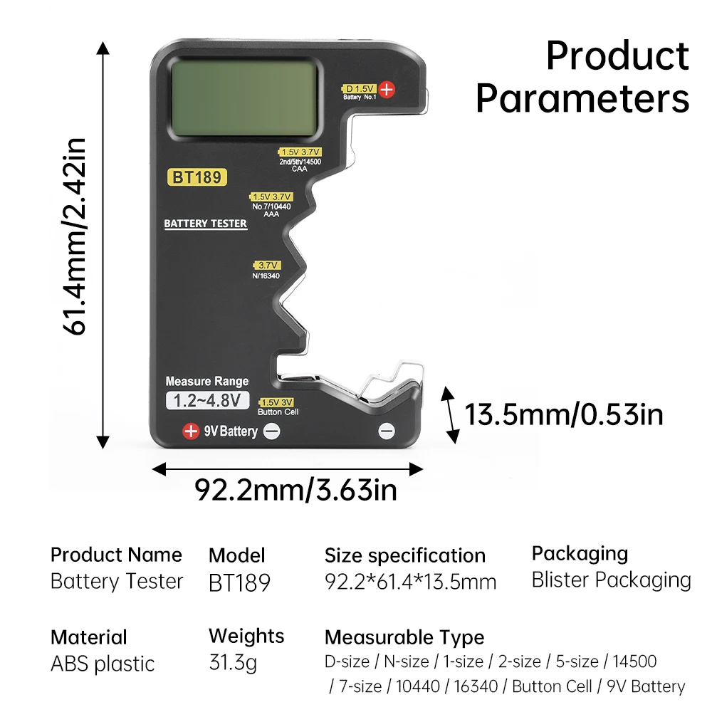 BT189 Tester batteria ultra-piccolo 9V AAAAA Cella a bottone Display digitale LCD universale per uso domestico Tester batteria Rilevatore banca di