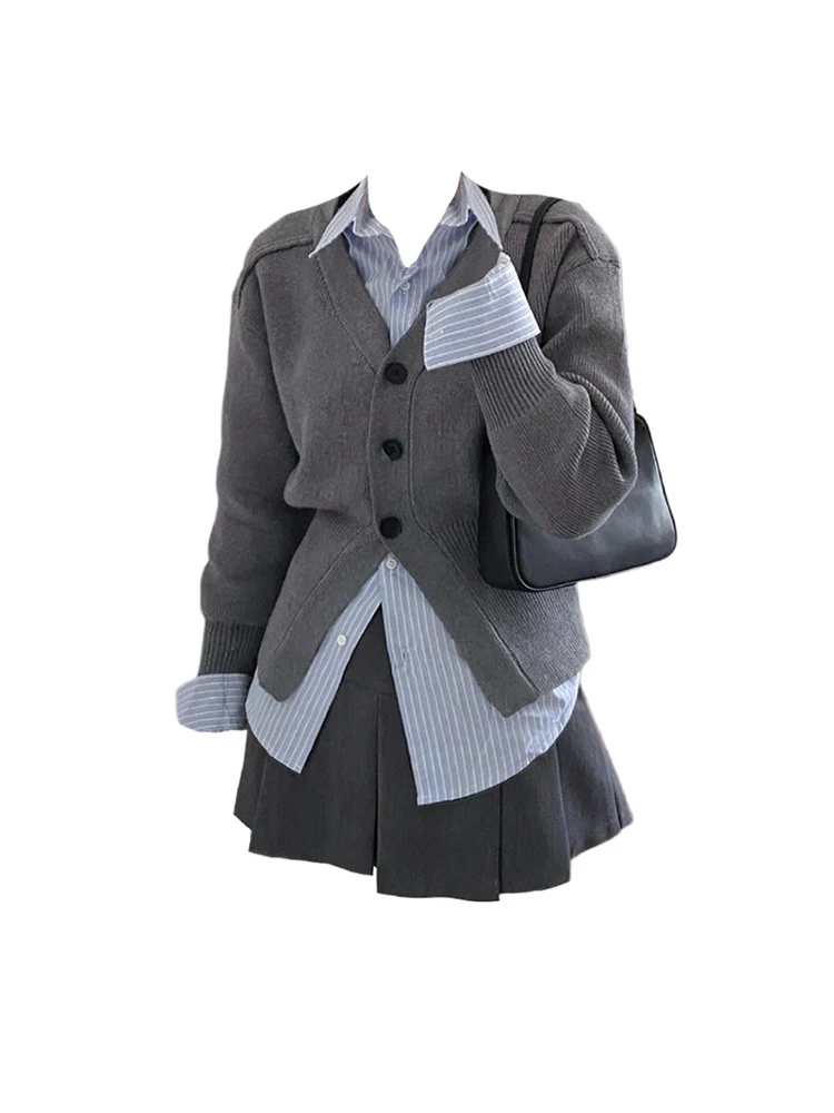 Preppy Style Sweet Wind Suit 3 Piece Set Female Student Korean Striped Blouses + Knitwear Cardigan + Korea A-Line Skirt Coquette