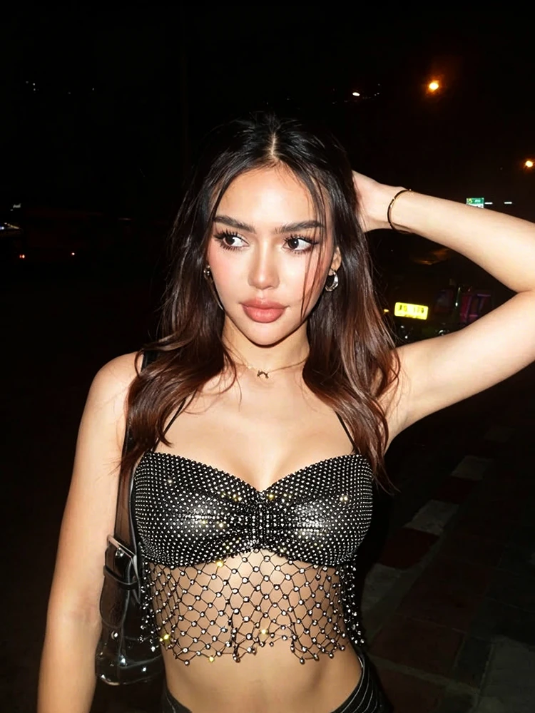 Women Black Crystal Fishnet Halter Top Sexy See Through Mesh Crop Top with Fringe for Nightclub Party Stage Show Costume Bodycon