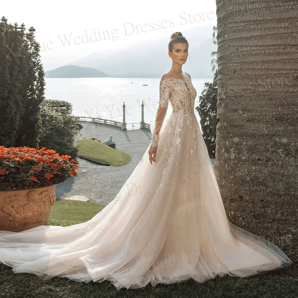 

2024 Luxurious Sexy A Line Women's Wedding Dresses Graceful Lace Appliques Bride Gowns Full Sleeve Button Illusion Robe Mariée