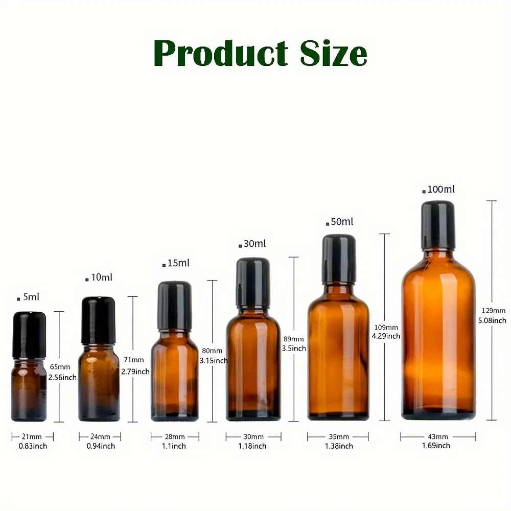 5/10/15/20/30/50/100ML Amber Roller Bottle Glass Refillable Essential Oil Perfume Bottles Roll on Vials Empty Sample Containers