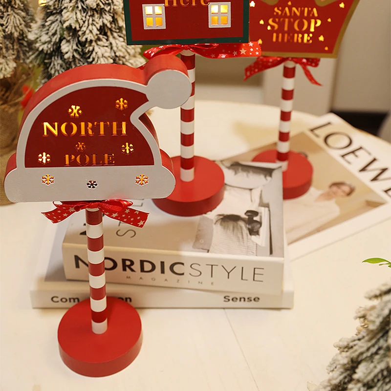 Christmas Retro Lamp North Pole Sign LED Light Santa Stop Here Street Sign Xmas Wooden Desktop Decoration Xmas Decor