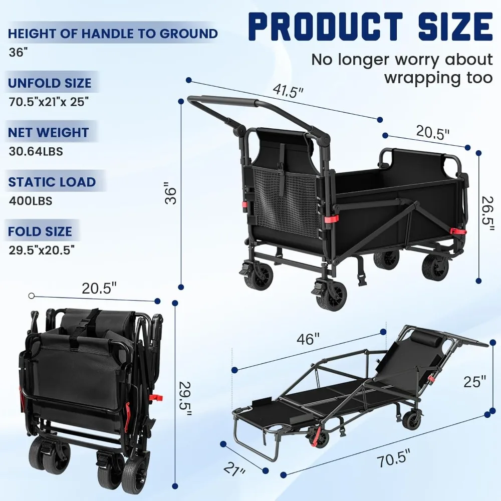 400lb Capacity Folding Wagon 2-in-1 Collapsible, All-Terrain Wheels with Brakes, Side Pockets